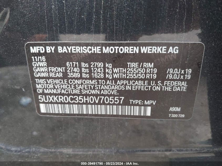 2017 BMW X5 xDrive35I VIN: 5UXKR0C35H0V70557 Lot: 39491795