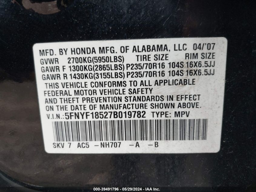2007 Honda Pilot Ex-L VIN: 5FNYF18527B019782 Lot: 39491796