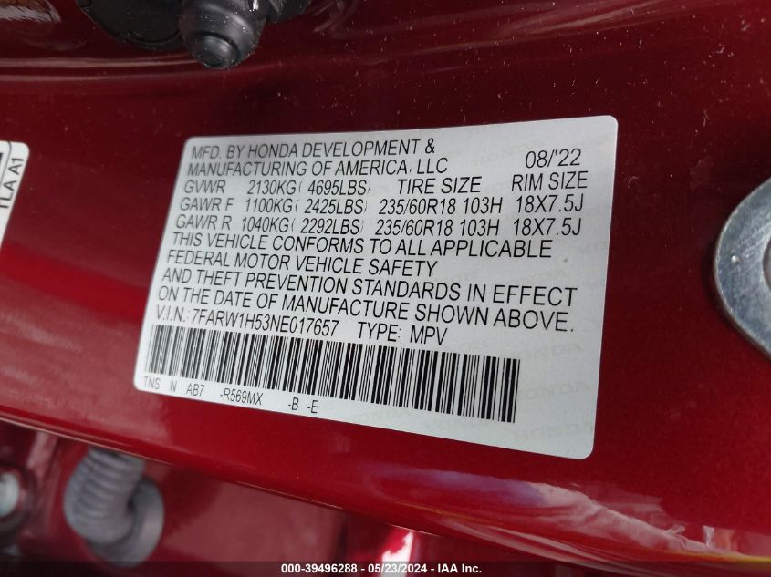 2022 Honda Cr-V 2Wd Ex VIN: 7FARW1H53NE017657 Lot: 39491797