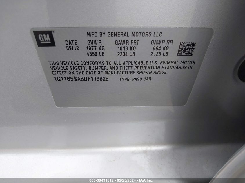 2013 Chevrolet Malibu 1Ls VIN: 1G11B5SA6DF173826 Lot: 39491812
