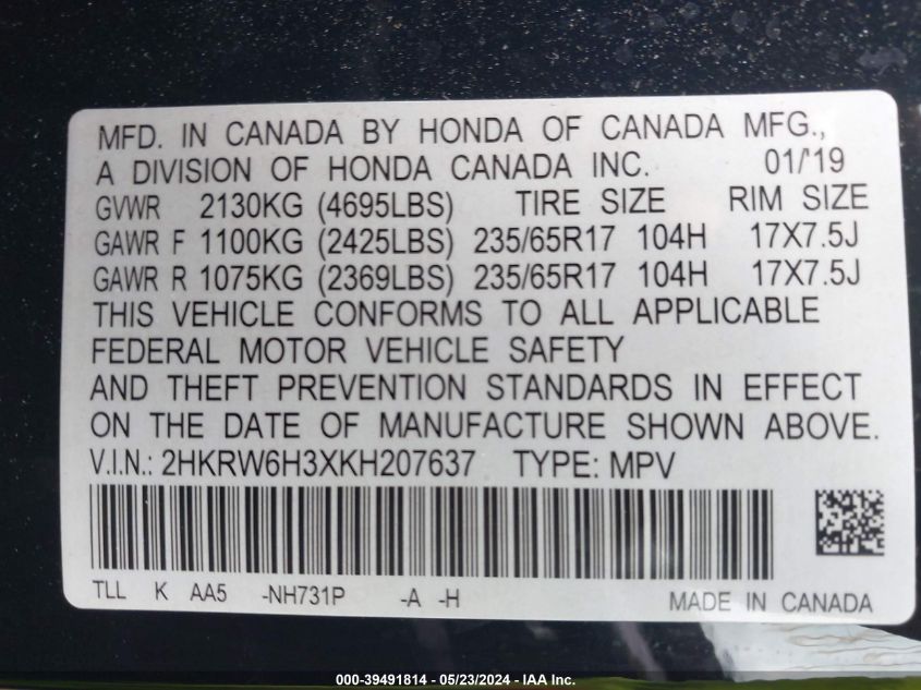 2019 Honda Cr-V Lx VIN: 2HKRW6H3XKH207637 Lot: 39491814