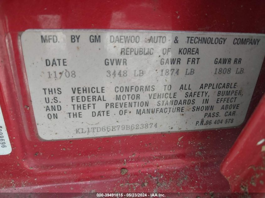 2009 Chevrolet Aveo Lt VIN: KL1TD66E79B623874 Lot: 39491815