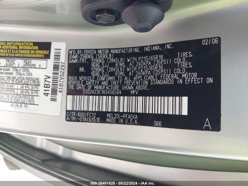 2006 Toyota Sienna Ce/Le VIN: 5TDZA23C16S456584 Lot: 39491828