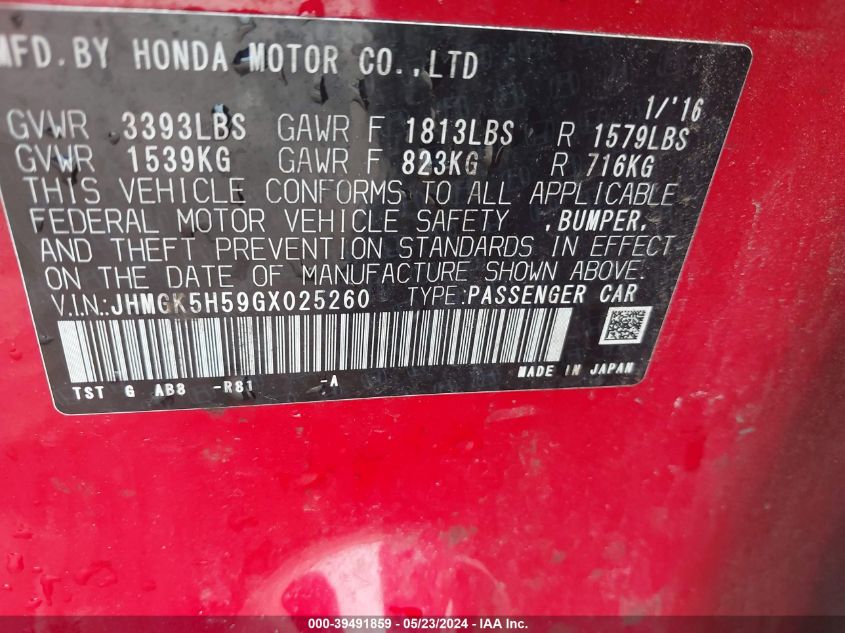 2016 Honda Fit Lx VIN: JHMGK5H59GX025260 Lot: 39491859