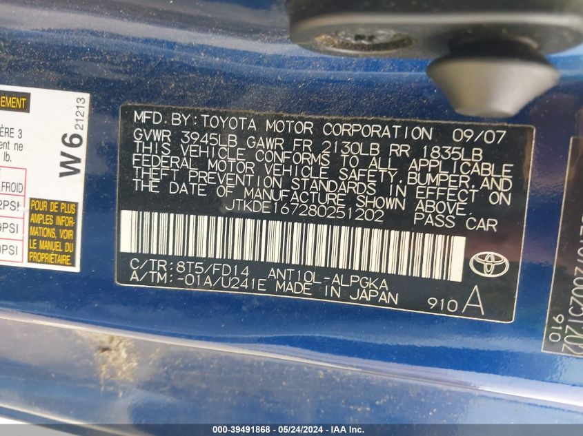 2008 Scion Tc VIN: JTKDE167280251202 Lot: 39491868