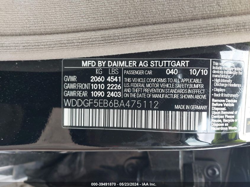 2011 Mercedes-Benz C 300 Luxury/Sport VIN: WDDGF5EB6BA475112 Lot: 39491870