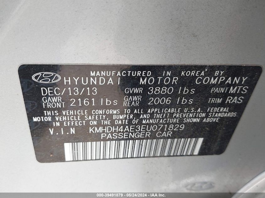 2014 Hyundai Elantra Se VIN: KMHDH4AE3EU071829 Lot: 39491879