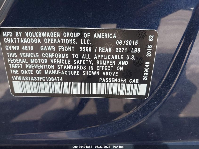 2015 Volkswagen Passat 1.8T Limited Edition VIN: 1VWAS7A37FC108474 Lot: 39491883