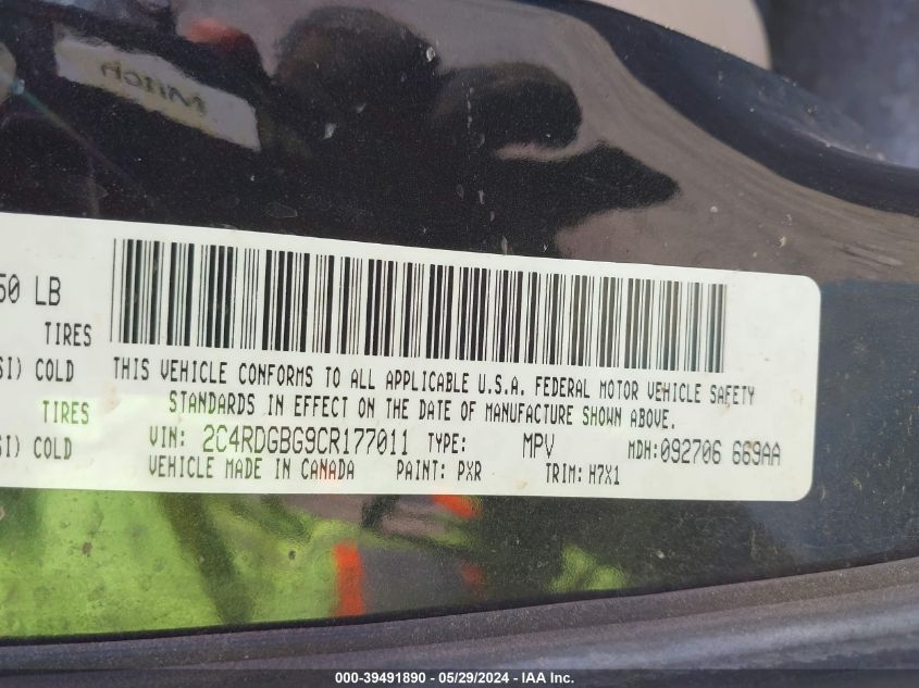 2012 Dodge Grand Caravan Se/Avp VIN: 2C4RDGBG9CR177011 Lot: 39491890