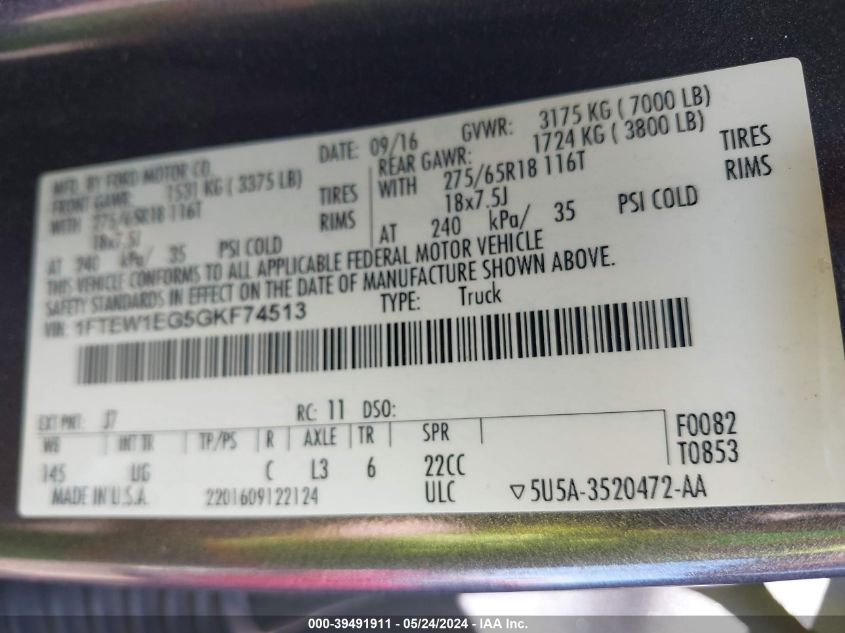 2016 Ford F-150 Xlt VIN: 1FTEW1EG5GKF74513 Lot: 39491911