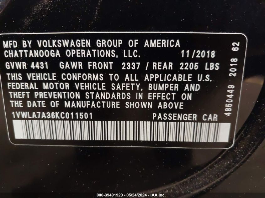 2019 Volkswagen Passat 2.0T Wolfsburg Edition VIN: 1VWLA7A36KC011501 Lot: 39491920