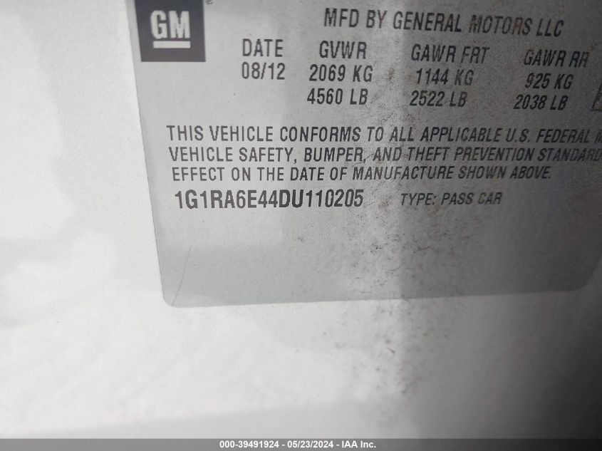 2013 Chevrolet Volt VIN: 1G1RA6E44DU110205 Lot: 39491924