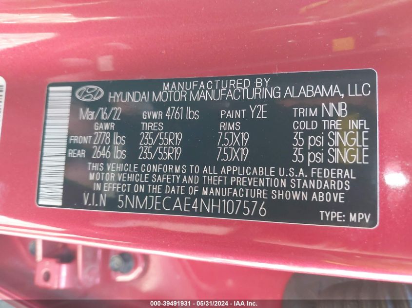 2022 Hyundai Tucson Limited VIN: 5NMJECAE4NH107576 Lot: 39491931