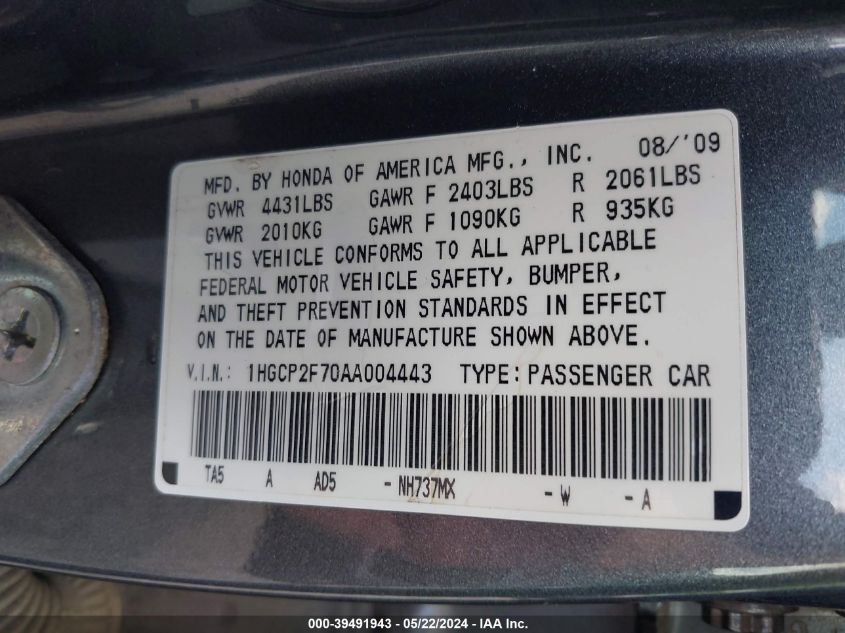 2010 Honda Accord 2.4 Ex VIN: 1HGCP2F70AA004443 Lot: 39491943