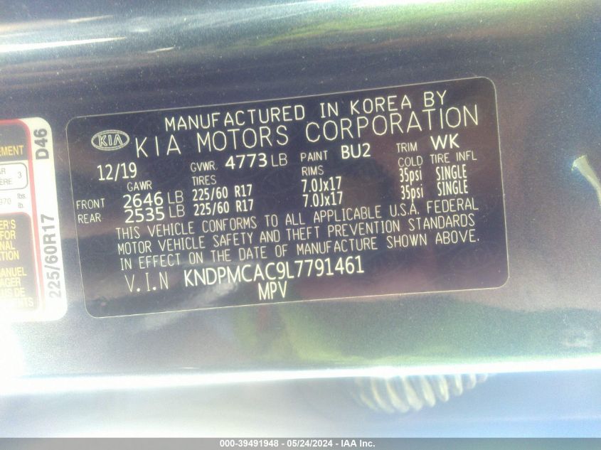 2020 Kia Sportage Lx VIN: KNDPMCAC9L7791461 Lot: 39491948