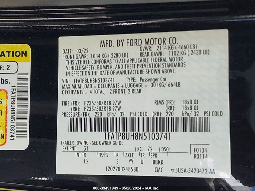 2022 FORD MUSTANG - 1FATP8UH8N5103741