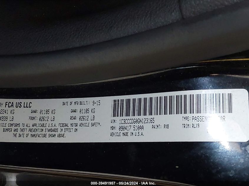 2016 Chrysler 200 S VIN: 1C3CCCDG0GN123165 Lot: 39491957