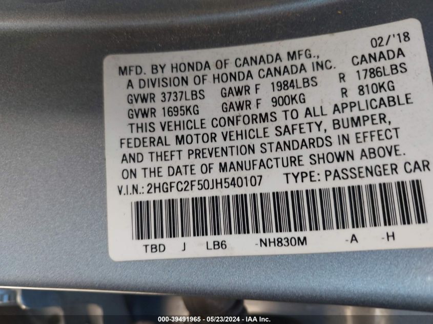 2018 Honda Civic Lx VIN: 2HGFC2F50JH540107 Lot: 39491965