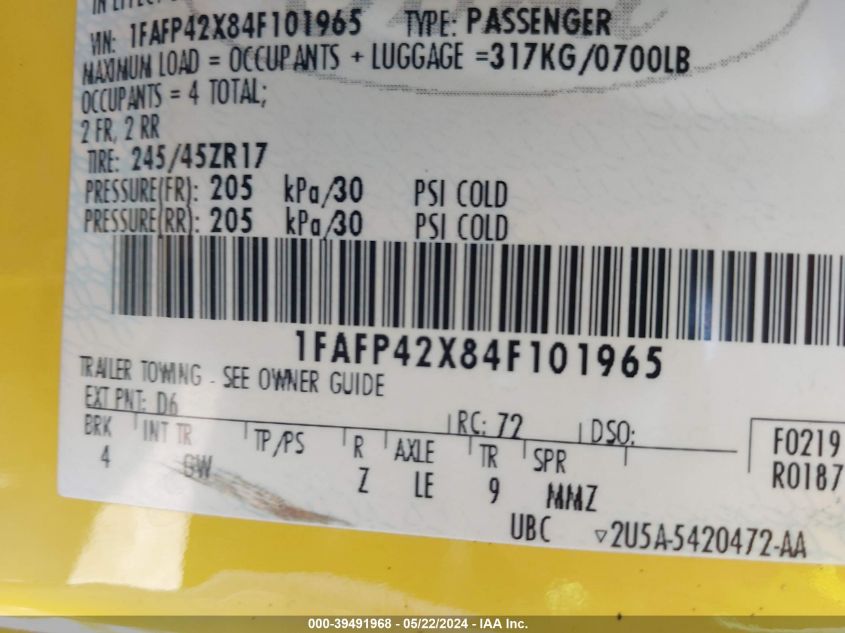 2004 Ford Mustang Gt VIN: 1FAFP42X84F101965 Lot: 39491968