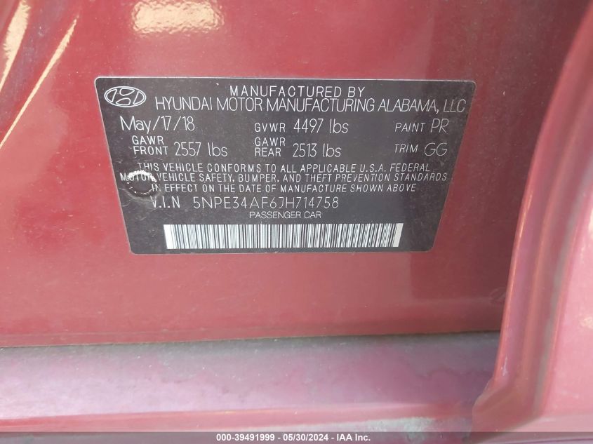 2018 Hyundai Sonata Sel+ VIN: 5NPE34AF6JH714758 Lot: 39491999