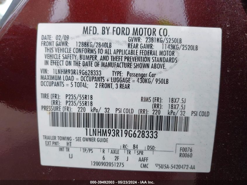 2009 Lincoln Mks VIN: 1LNHM93R19G628333 Lot: 39492003