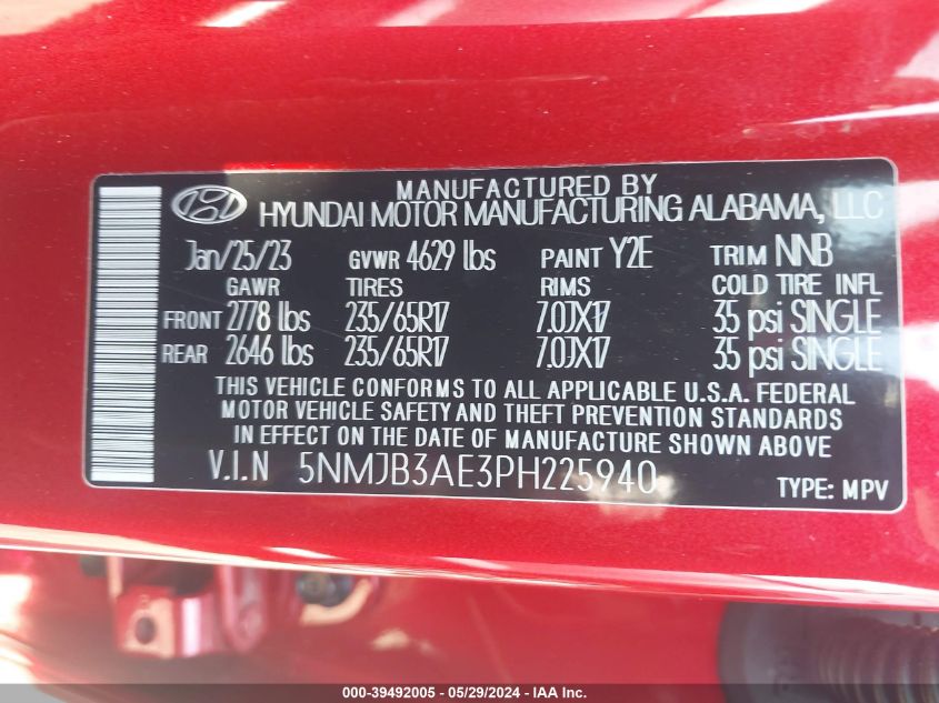 2023 Hyundai Tucson Sel VIN: 5NMJB3AE3PH225940 Lot: 39492005