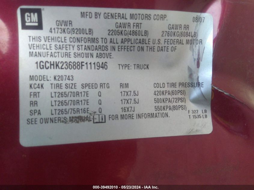 2008 Chevrolet Silverado 2500Hd Ltz VIN: 1GCHK23688F111946 Lot: 39492010