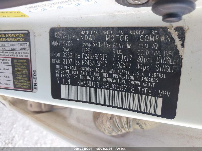 2008 Hyundai Veracruz Gls/Limited/Se VIN: KM8NU13C38U068718 Lot: 39492011