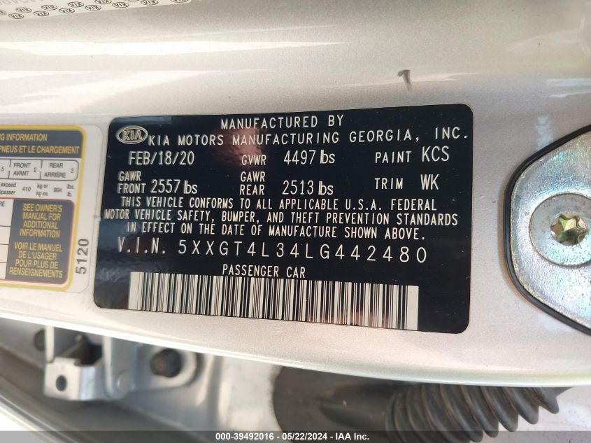 2020 Kia Optima Lx VIN: 5XXGT4L34LG442480 Lot: 39492016