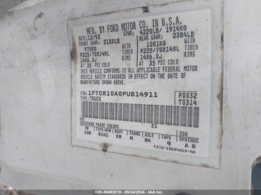 1993 Ford Ranger VIN: 1FTCR10A0PUB14911 Lot: 39492019