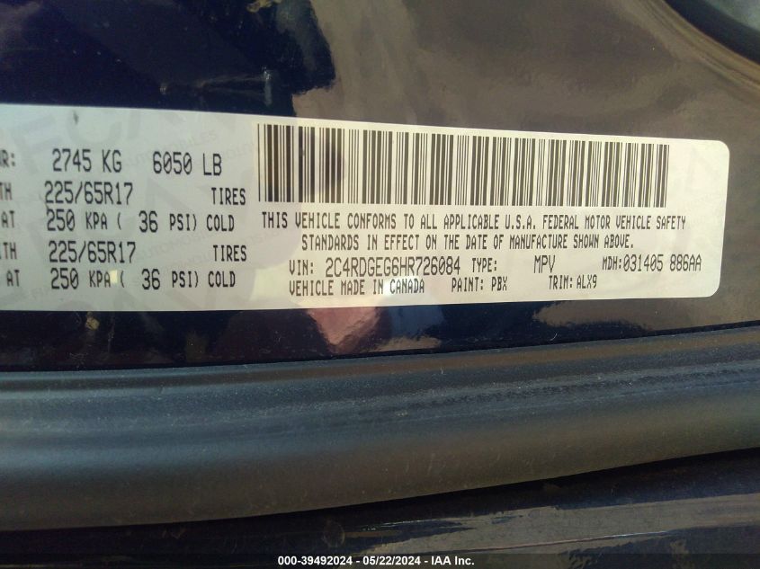 2017 Dodge Grand Caravan Gt VIN: 2C4RDGEG6HR726084 Lot: 39492024