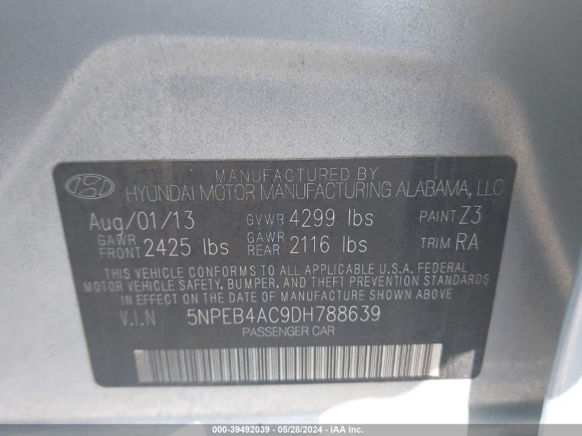 2013 Hyundai Sonata Gls VIN: 5NPEB4AC9DH788639 Lot: 39492039