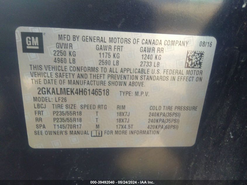 2017 GMC Terrain Sle-1 VIN: 2GKALMEK4H6146518 Lot: 39492040