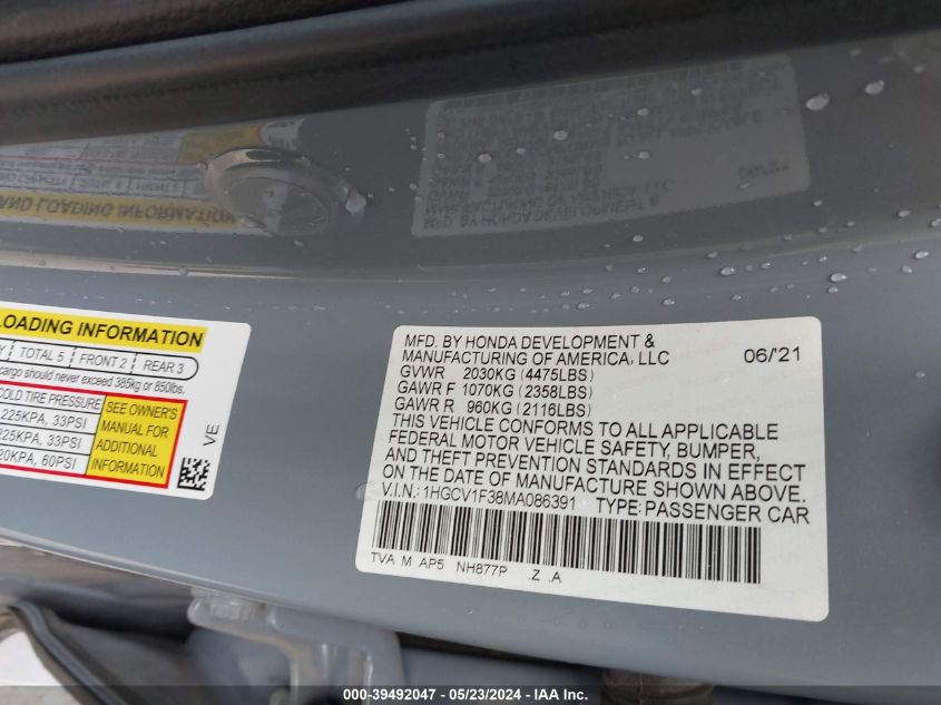2021 Honda Accord Sport VIN: 1HGCV1F38MA086391 Lot: 39492047