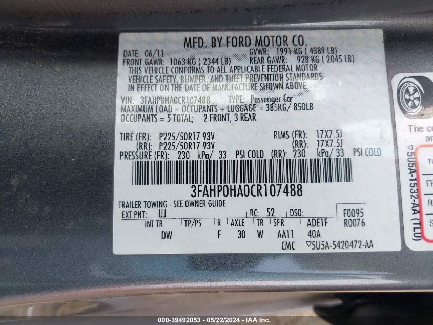 2012 Ford Fusion Se VIN: 3FAHP0HA0CR107488 Lot: 39492053