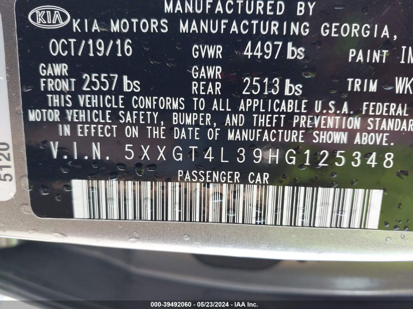 2017 Kia Optima Lx VIN: 5XXGT4L39HG125348 Lot: 39492060