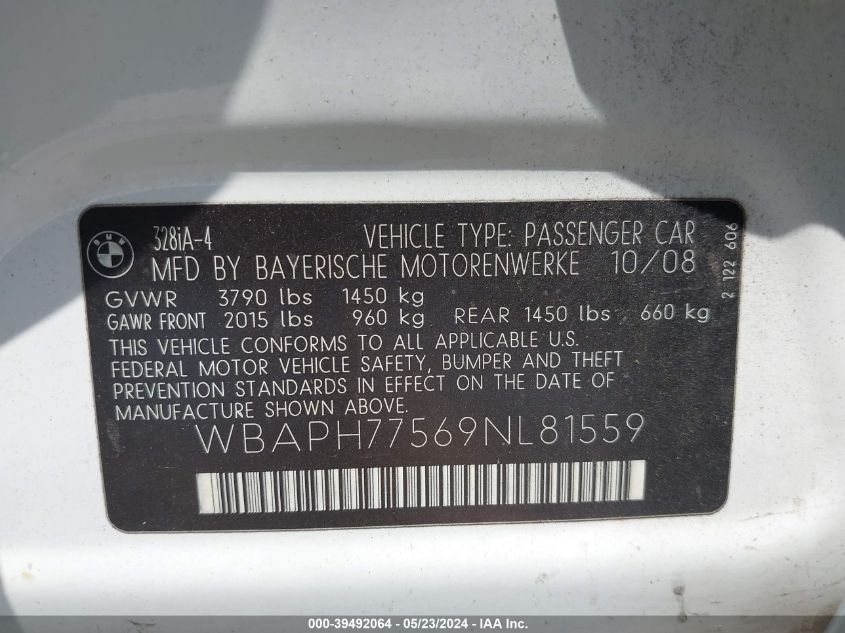 2009 BMW 328I VIN: WBAPH77569NL81559 Lot: 39492064