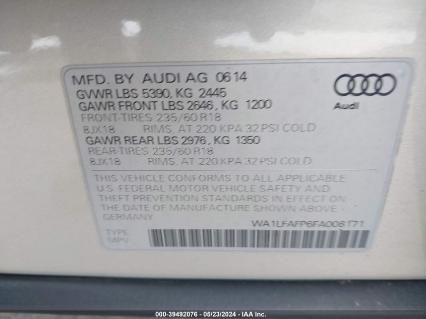 2015 Audi Q5 2.0T Premium VIN: WA1LFAFP6FA008171 Lot: 39492076
