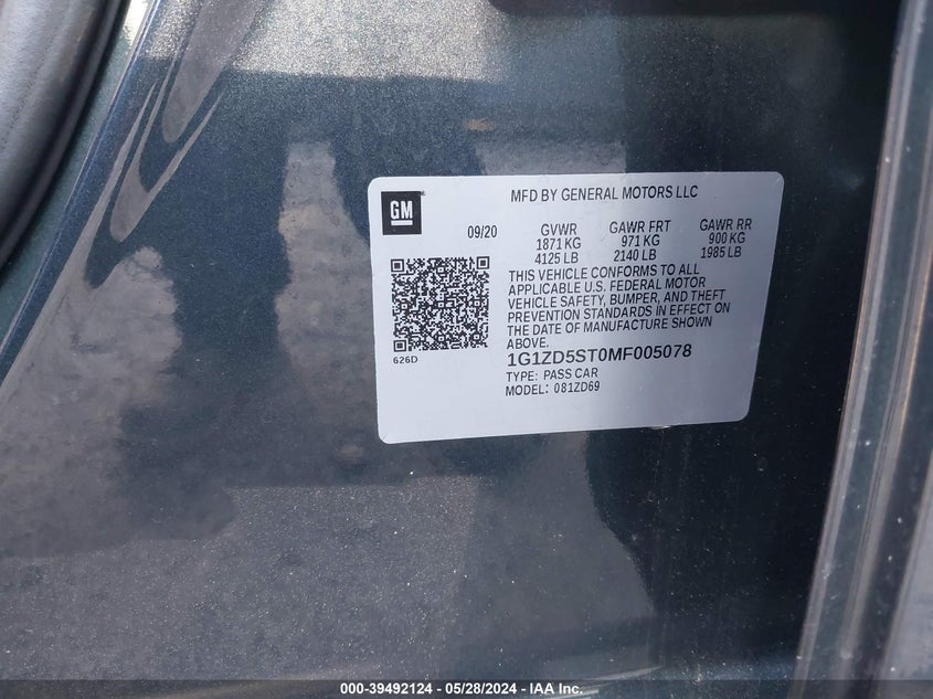 2021 Chevrolet Malibu Fwd Lt VIN: 1G1ZD5ST0MF005078 Lot: 39492124