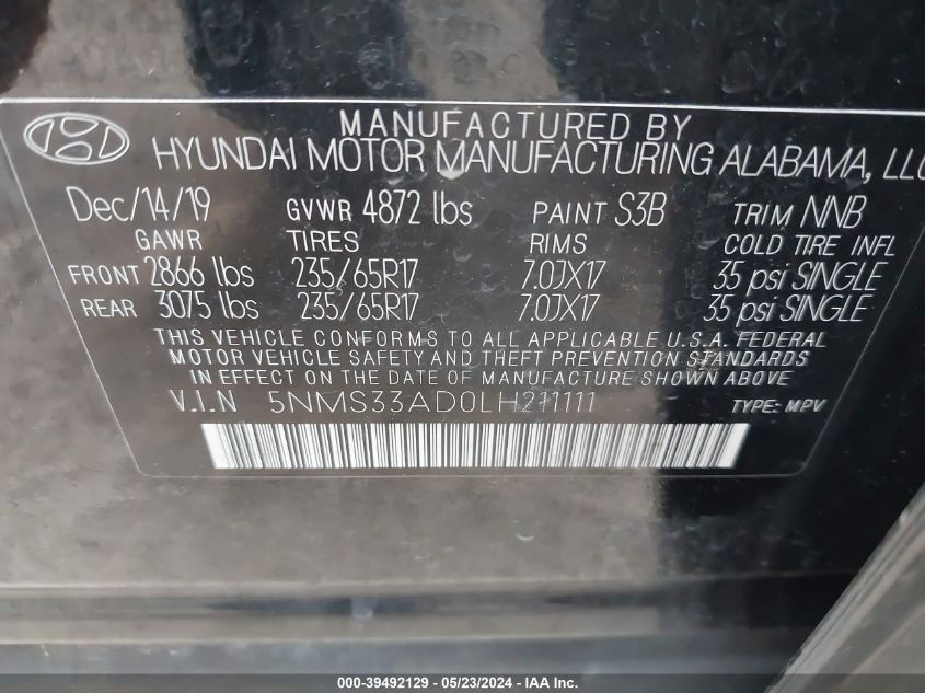 2020 Hyundai Santa Fe Sel/Sel Plus VIN: 5NMS33AD0LH211111 Lot: 39492129