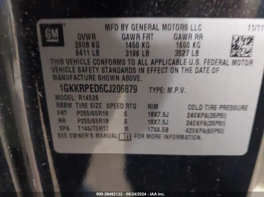 2012 GMC Acadia Sle VIN: 1GKKRPED6CJ206879 Lot: 39492132