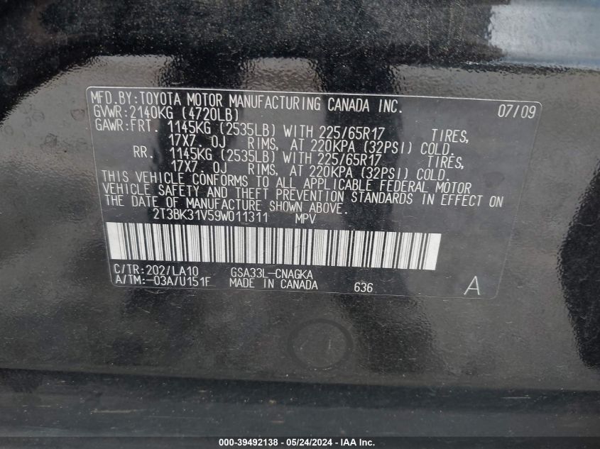 2009 Toyota Rav4 Limited V6 VIN: 2T3BK31V59W011311 Lot: 39492138