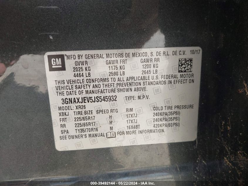 2018 Chevrolet Equinox Lt VIN: 3GNAXJEV5JS545932 Lot: 39492144