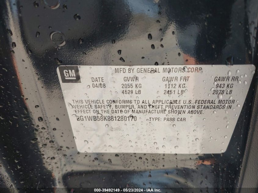 2008 Chevrolet Impala Ls VIN: 2G1WB58K881280170 Lot: 39492149