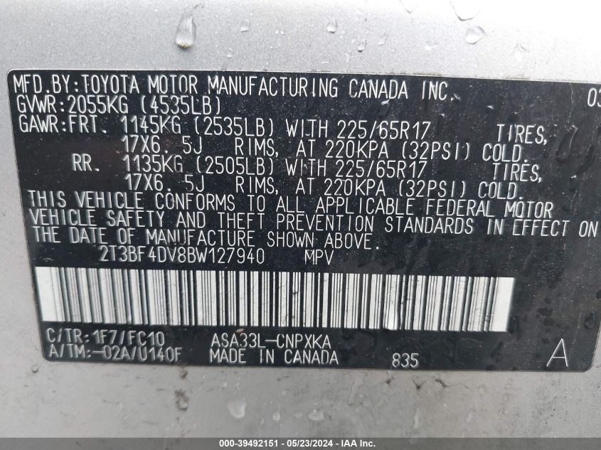 2011 Toyota Rav4 VIN: 2T3BF4DV8BW127940 Lot: 39492151