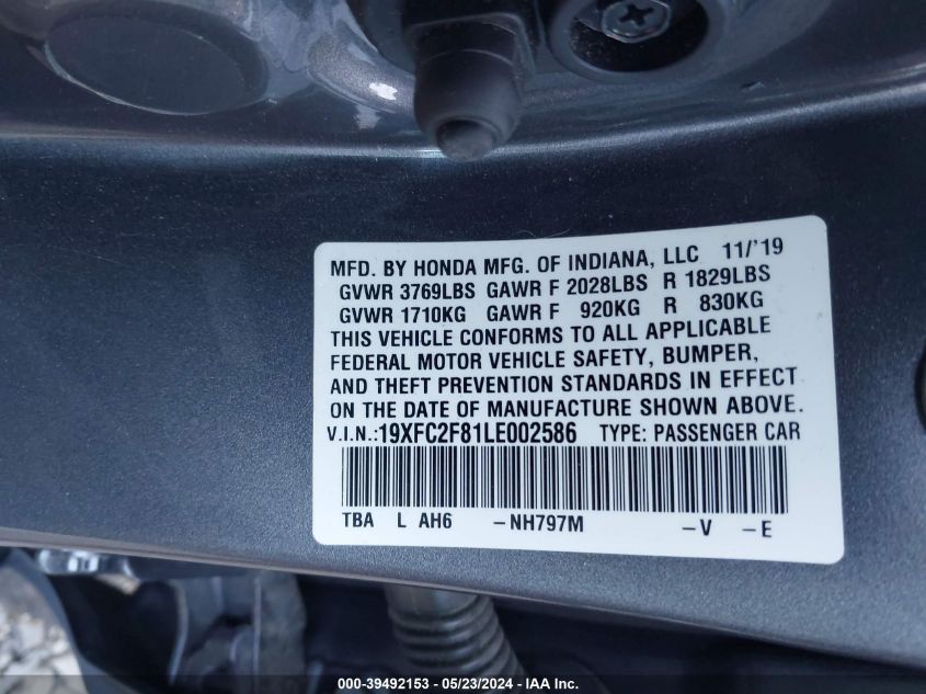 2020 Honda Civic Sport VIN: 19XFC2F81LE002586 Lot: 39492153