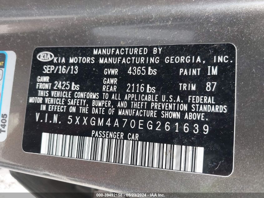 2014 Kia Optima Lx VIN: 5XXGM4A70EG261639 Lot: 39492158