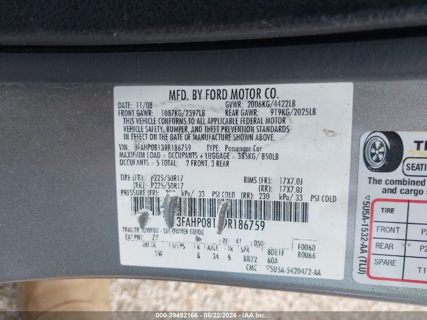 2009 Ford Fusion Sel VIN: 3FAHP08139R186759 Lot: 39492166