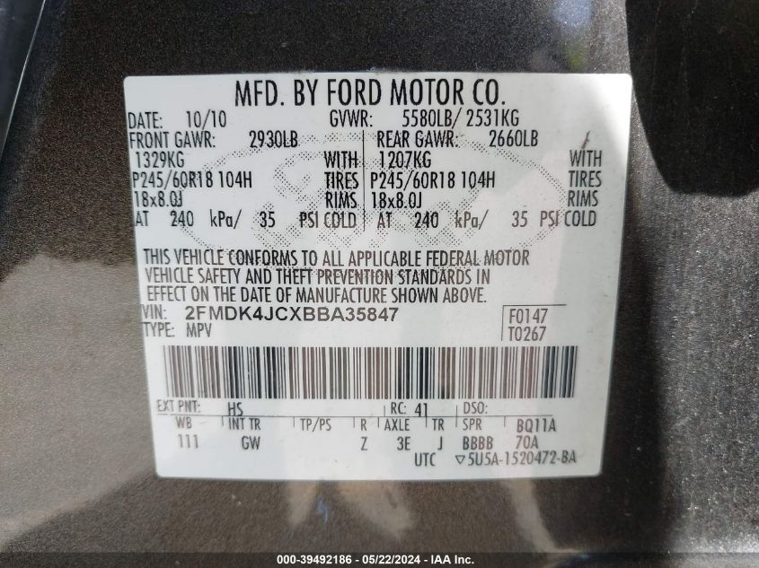 2011 Ford Edge Sel VIN: 2FMDK4JCXBBA35847 Lot: 39492186