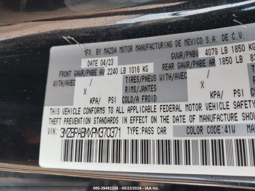 2023 Mazda Mazda3 2.5 S Select VIN: 3MZBPABMXPM370371 Lot: 39492205